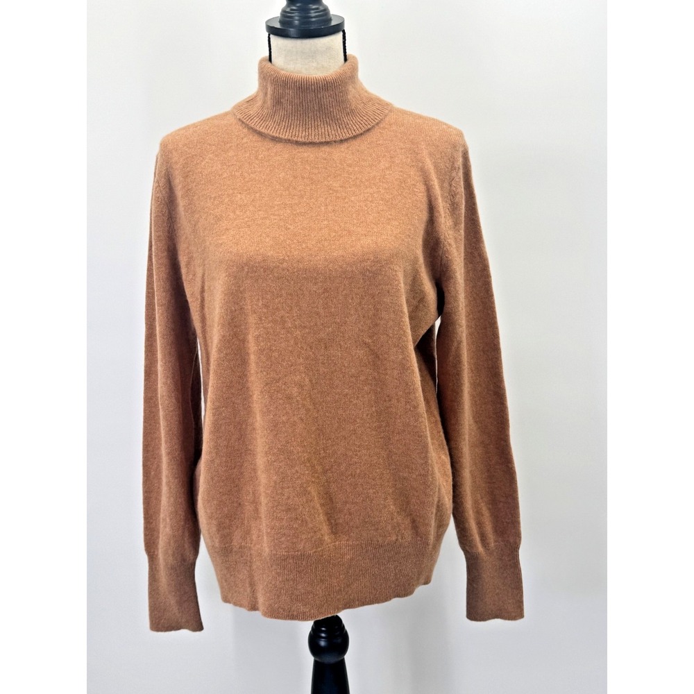 Halston 2 Ply 100% Cashmere Camel Tan Turtleneck Knit Sweater XL Preppy Classic